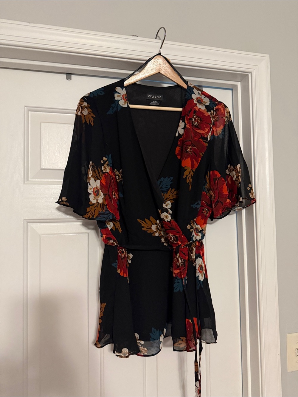 City Chic Black Floral Faux Wrap Blouse with Red Blooms